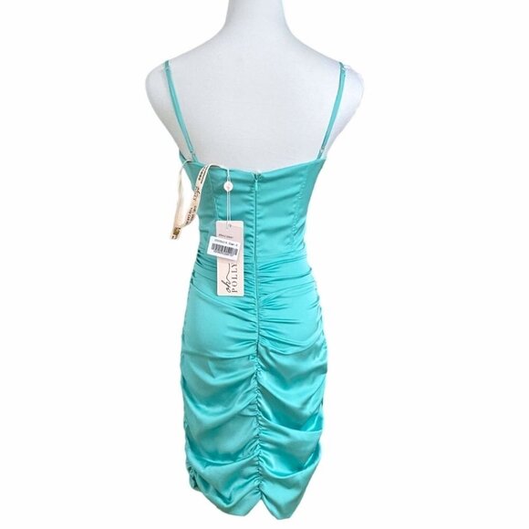 OH POLLY AQUA SATIN BUSTIER CINCHED MINI COCKTAIL DRESS 5723 BATCH A IN GREEN - Picture 3 of 9